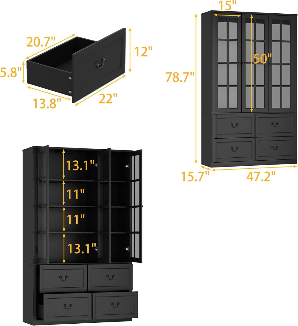 AGOTENI 47.2" W Pantry Cabinet with Glass Doors & 4 Drawers, Wooden ...