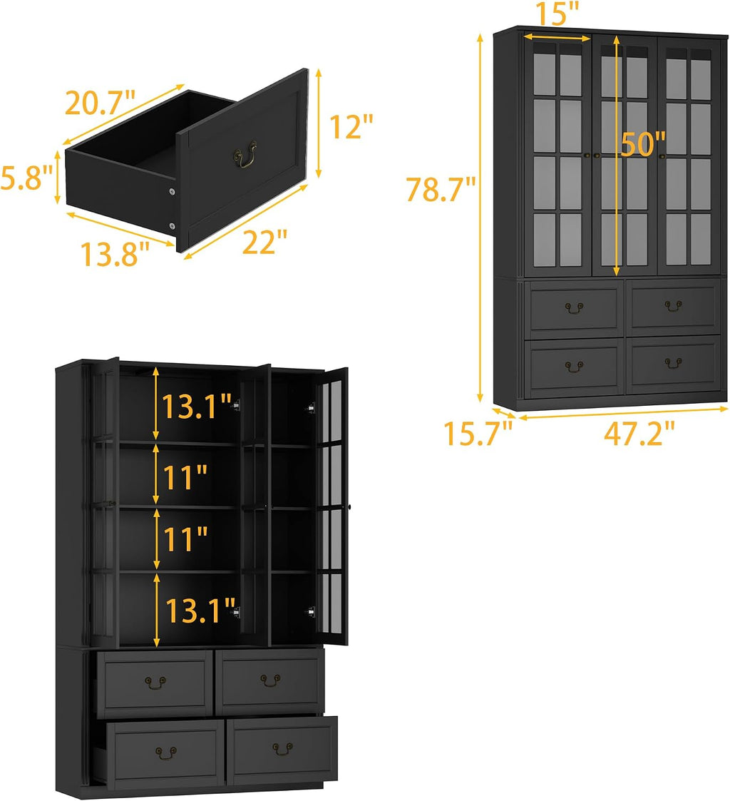 AGOTENI 47.2" W Pantry Cabinet with Glass Doors & 4 Drawers, Wooden Freestanding Kitchen Storage Cabinet with Adjustable Shelves & Vintage Handles for Dining Room Living Room, Black