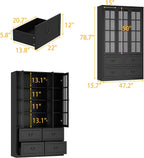 AGOTENI 47.2" W Pantry Cabinet with Glass Doors & 4 Drawers, Wooden Freestanding Kitchen Storage Cabinet with Adjustable Shelves & Vintage Handles for Dining Room Living Room, Black