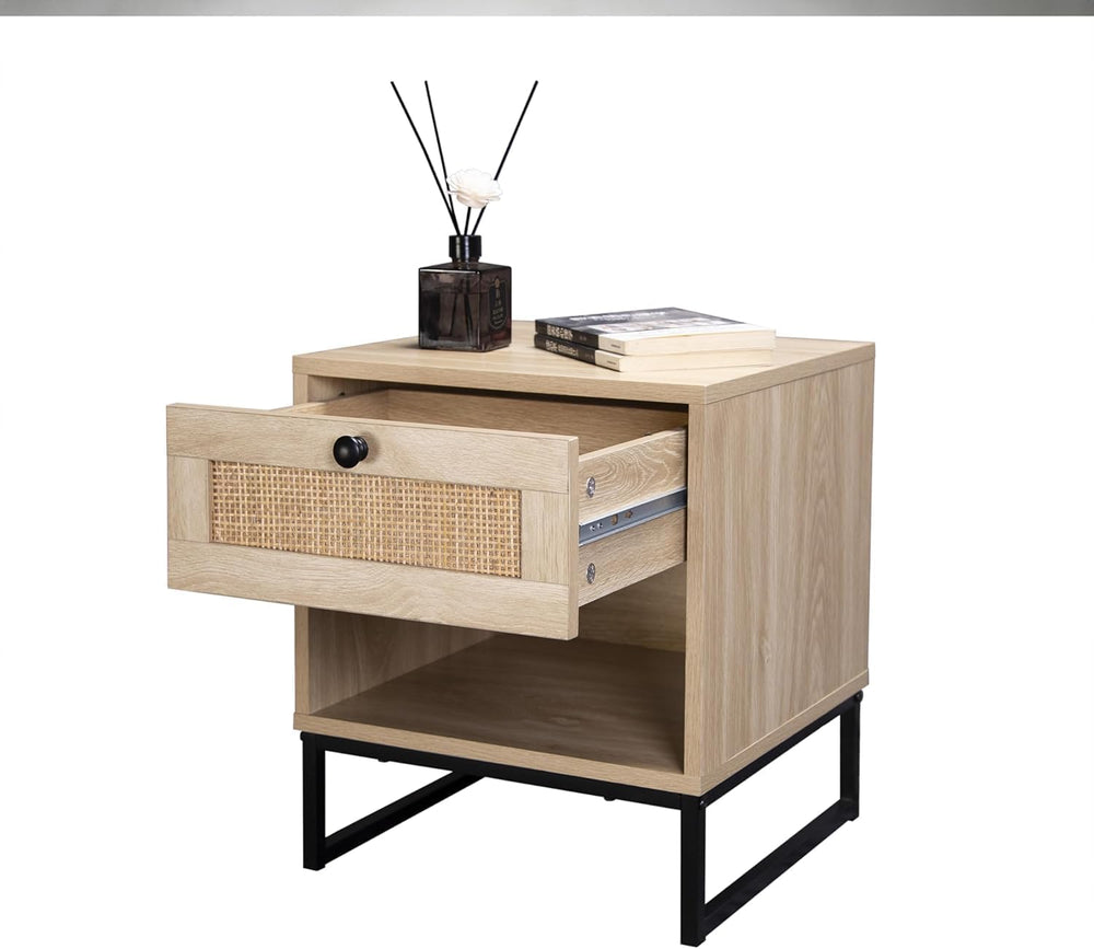 Birch Coastal Modern Side Table with Drawer Natural Wood Top with Black Metal...