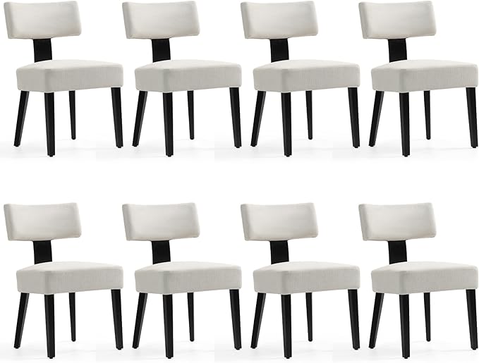 Dining Chairs Set of 8, Fabric Upholstered Wood Kitchen Chairs, Armless Linen Curved Backrest Accent Chair Farmhouse Modern Dining Chairs with Foot Pad for Kitchen/Living Room/Restaurant/Cafe-Beige