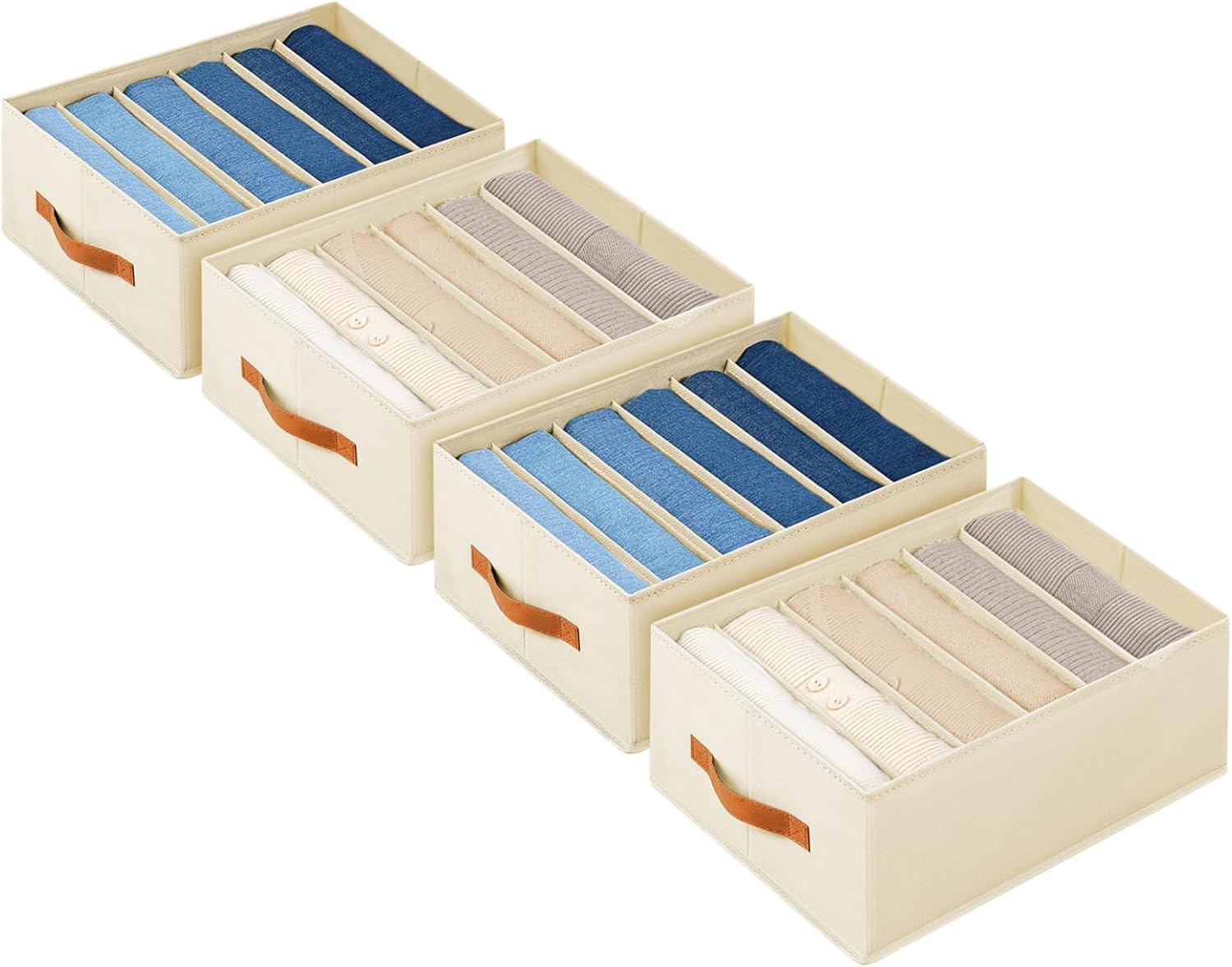 Closet Organizers and Storage - Fabric Clothes Organizer with Handles, Foldable Jeans Organizer for Clothes, Drawer Organizer for Shirts, Bra, Sweater, Scarf, 4 Pack, Beige