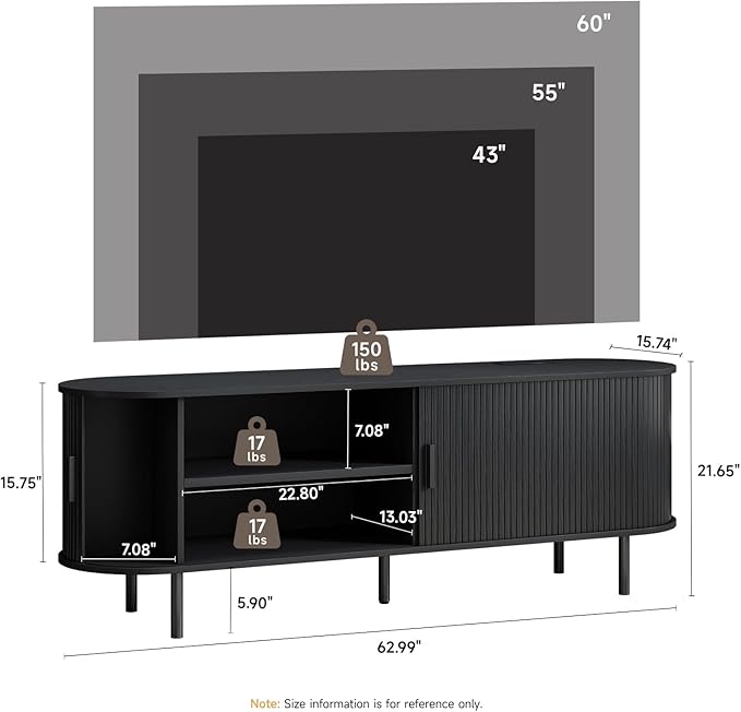 63" TV Stand with Power Outlet, Modern Media Console with Sliding Doors, Entertainment Center for TVs up to 60 Inch, Adjustable Shelves, Black