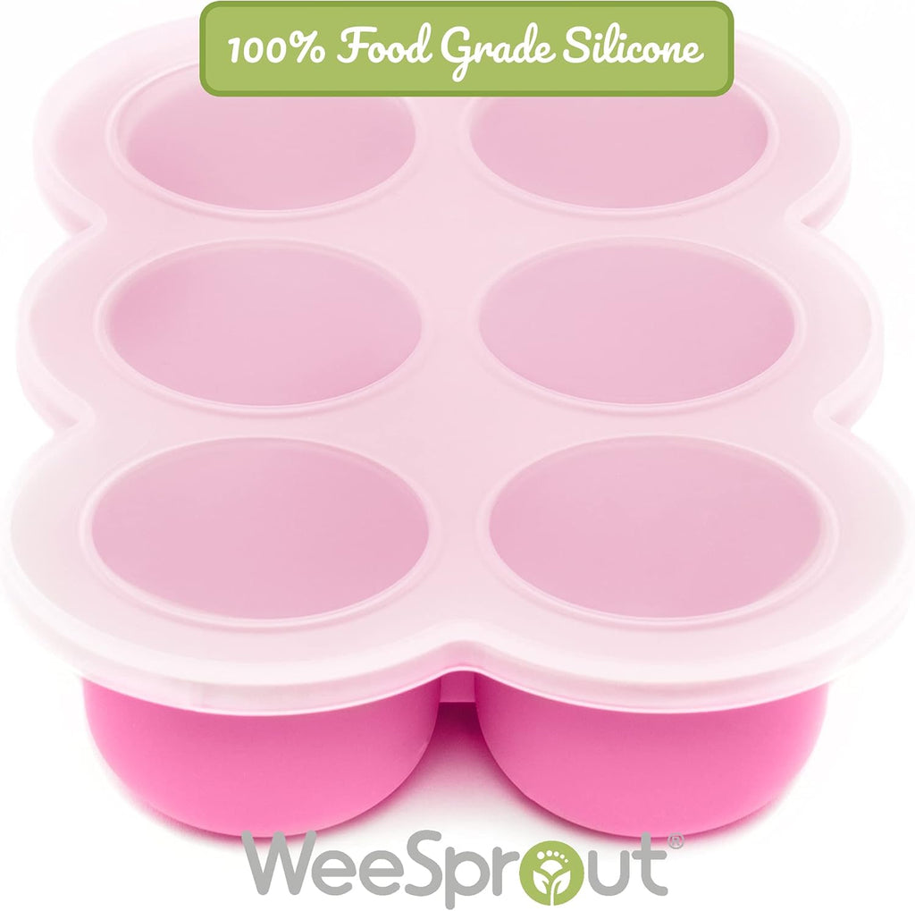 WeeSprout Silicone Freezer Tray with Clip on Lid Perfect Food Storage Container for Homemade Baby Food, Vegetable, Fruit Purees, and Breast Milk (Bright Pink, Six 3 Ounce Sections)