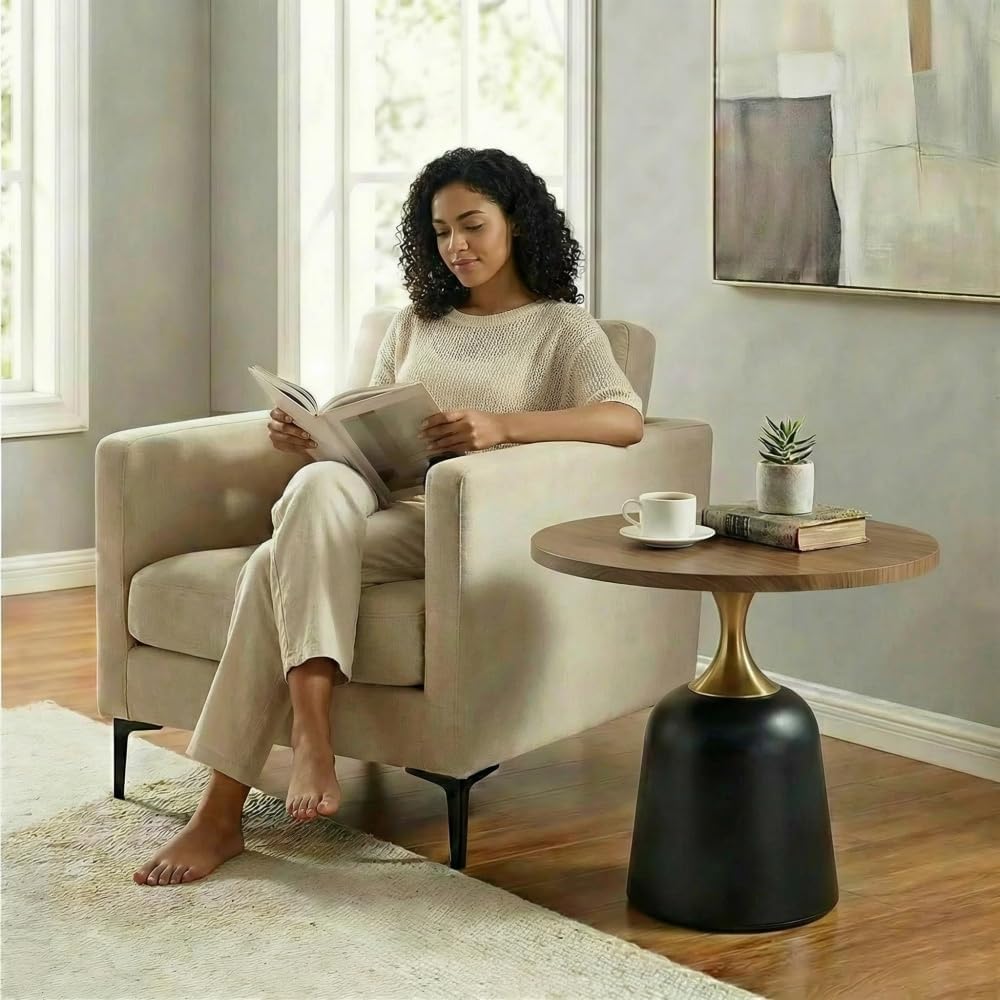 Round Side Table, 23.6 Inch, Walnut Wood Top with Black and Gold Metal Base, ...