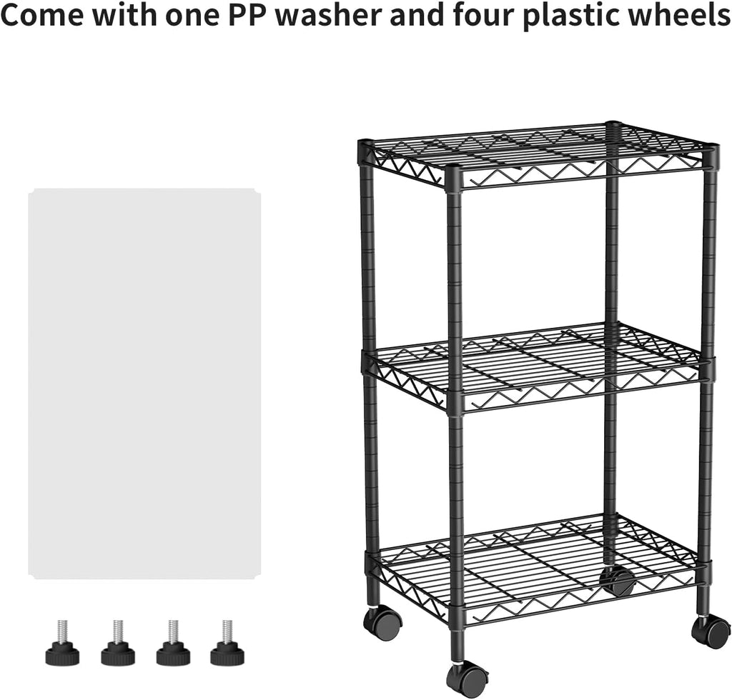 Small 3 Tier Shelves Storage Wire Shelving Unit Metal Shelf Adjustable Organizers Storage Shelving with Wheels for Bathroom Laundry Room Kitchen Pantry12”D x 18”W x 30.7”H Black