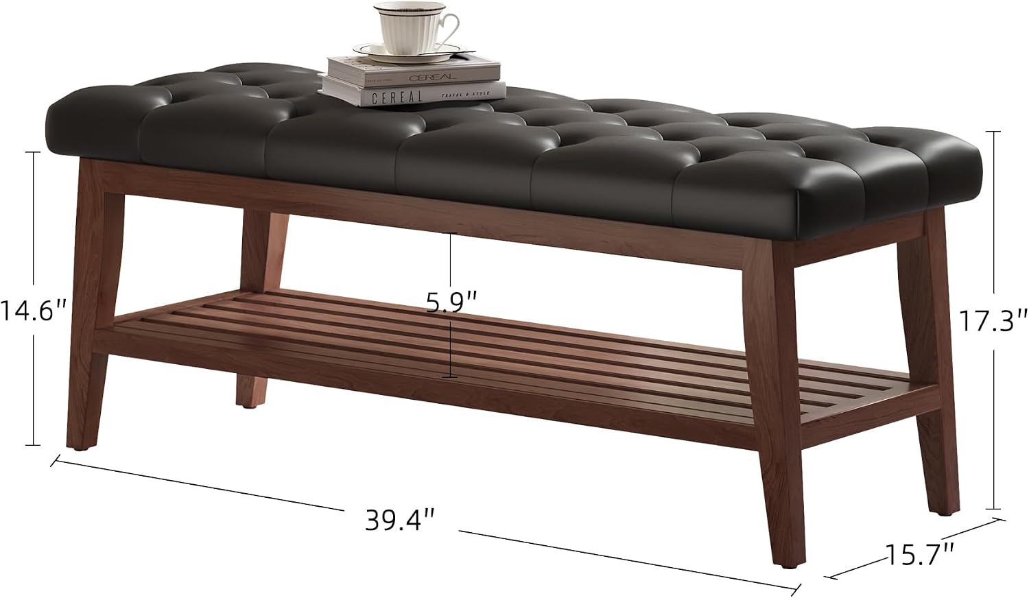 LEILISI Entryway Shoe Bench with Storage, End of Bed Bench, Microfiber Leather Upholstered Button-Tufted Seat Bench with Solid Wood Frame for Living Room, Bedroom (Black, 39.4'')