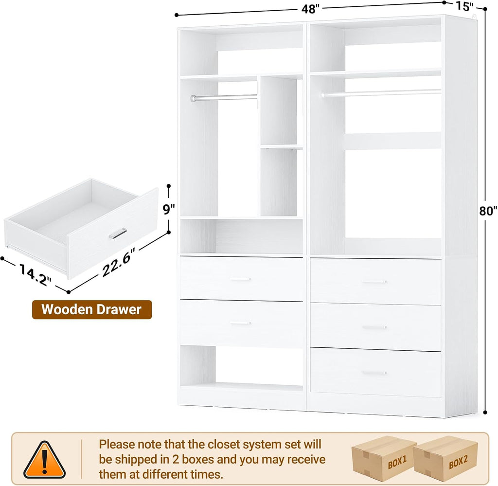 Besiost 4FT Closet Systems with 5 Drawers, 48" Closet Organizer System | Wood Closet Organizer with 2 Hanging Rods & 7 Shelves, Heavy Duty 48" Walk-in Closet for Nusery, White (48"L x 15" W x 80" H)