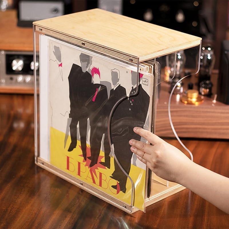 Vinyl Record Storage Holder,Stacks up to 30 Albums, Solid Wood & Clear Acrylic,Canbe stack,Premium Display, Simple and Contemporary Concept Design for 12” Records LP, DVDs, or CDs (composite board, 3)