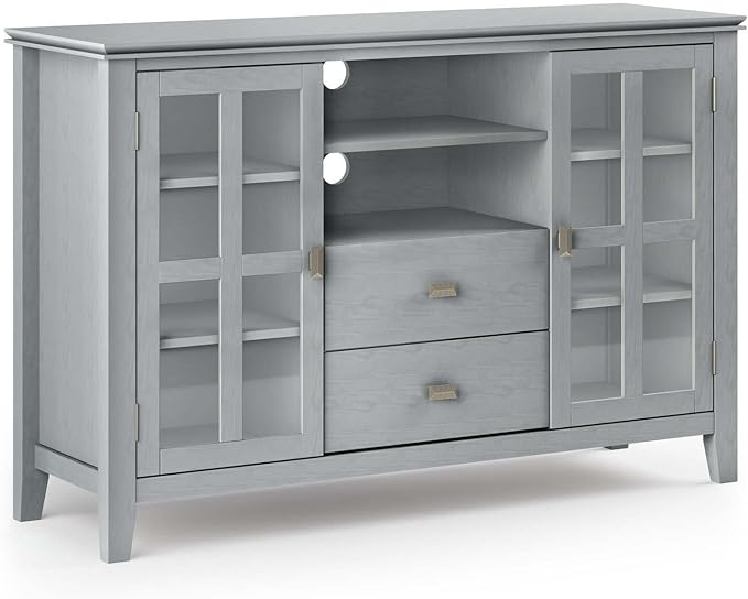 SIMPLIHOME Artisan TV Stand - 53 inch Wide Solid Wood Tall Media Console in Fog Grey, Contemporary Entertainment Center for Living Room for TVs up to 60 Inches with Drawers and Cable Management