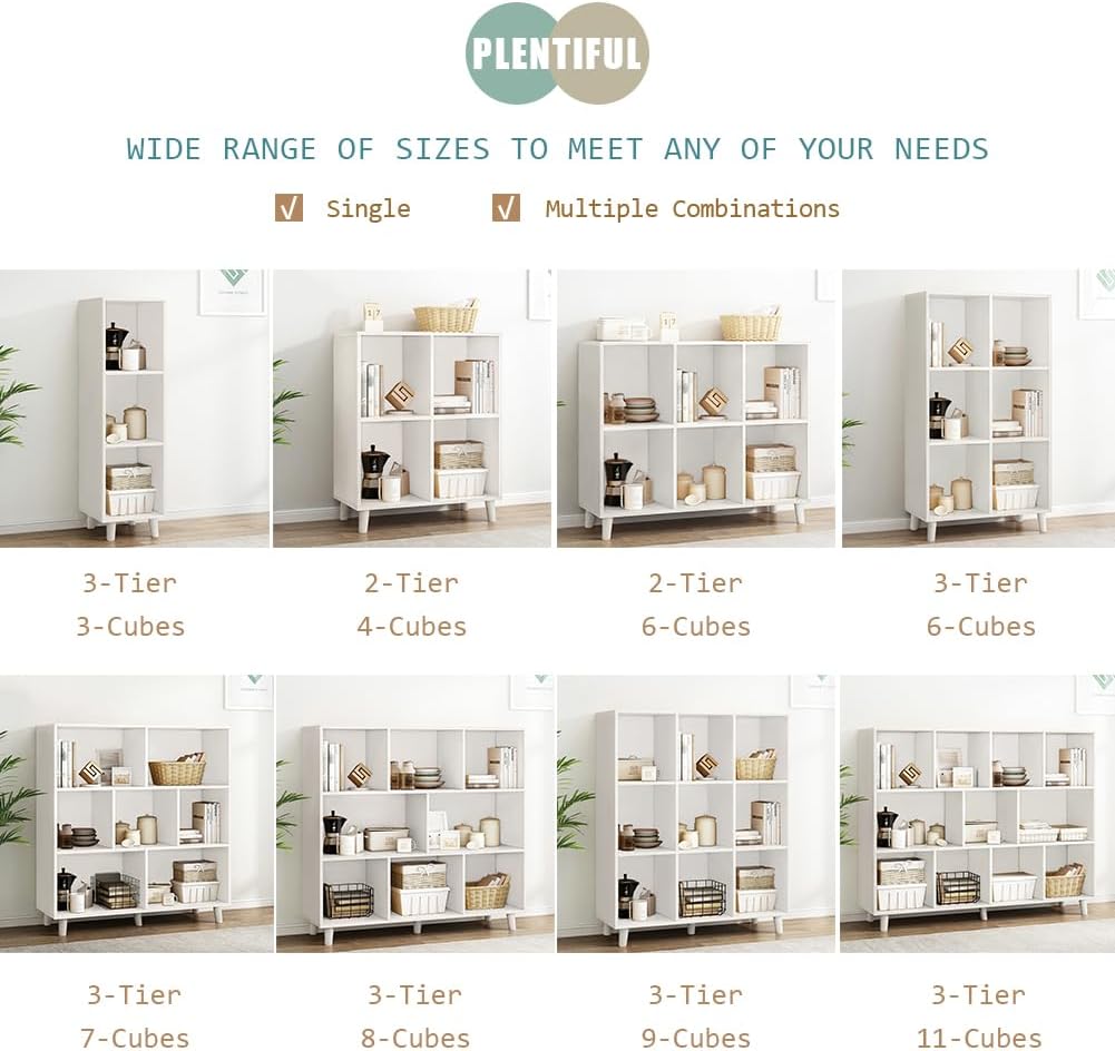 IOTXY Open Cube Low Bookcase - 3-Tier Freestanding Storage Display Cabinet Organizer with Legs for Home Office, 7-Cubes Open Shelf Short Bookshelf, White