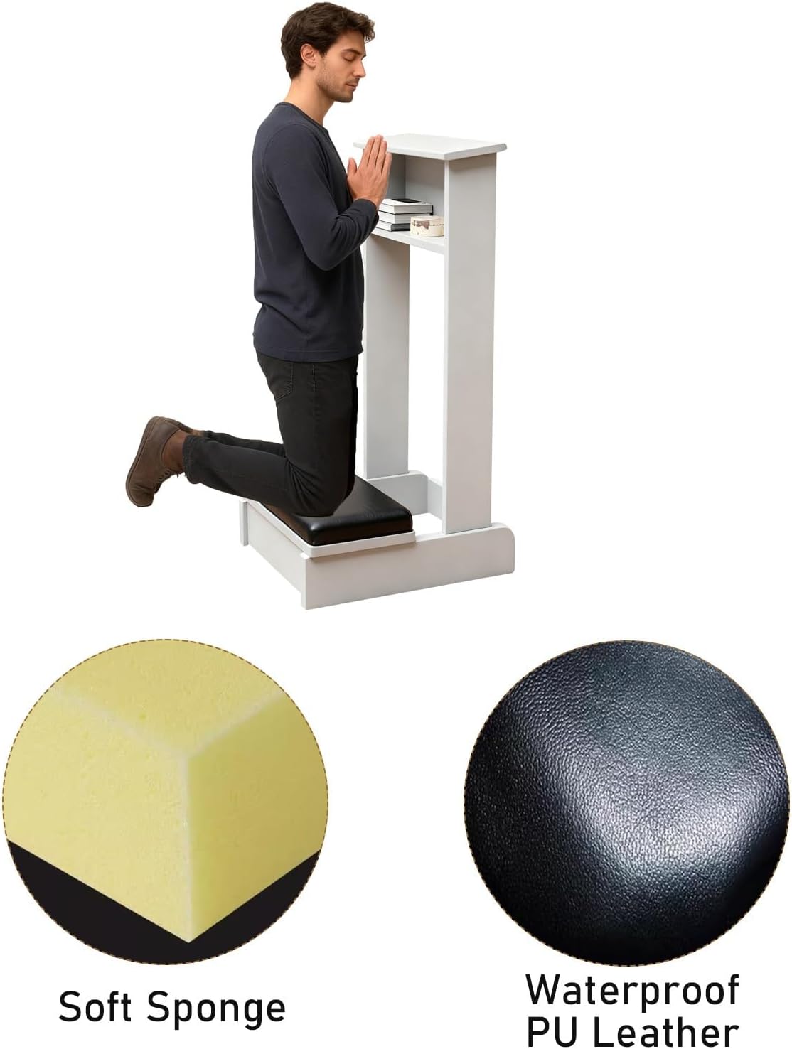 Prayer Bench for Kneeler Prayer Church Kneeling Stand Stool Prayer Table at Home Kneeling Chair 20x16.5x33 in Meditation Stool Church Table with Shelf and Kneeling Cushions(White)