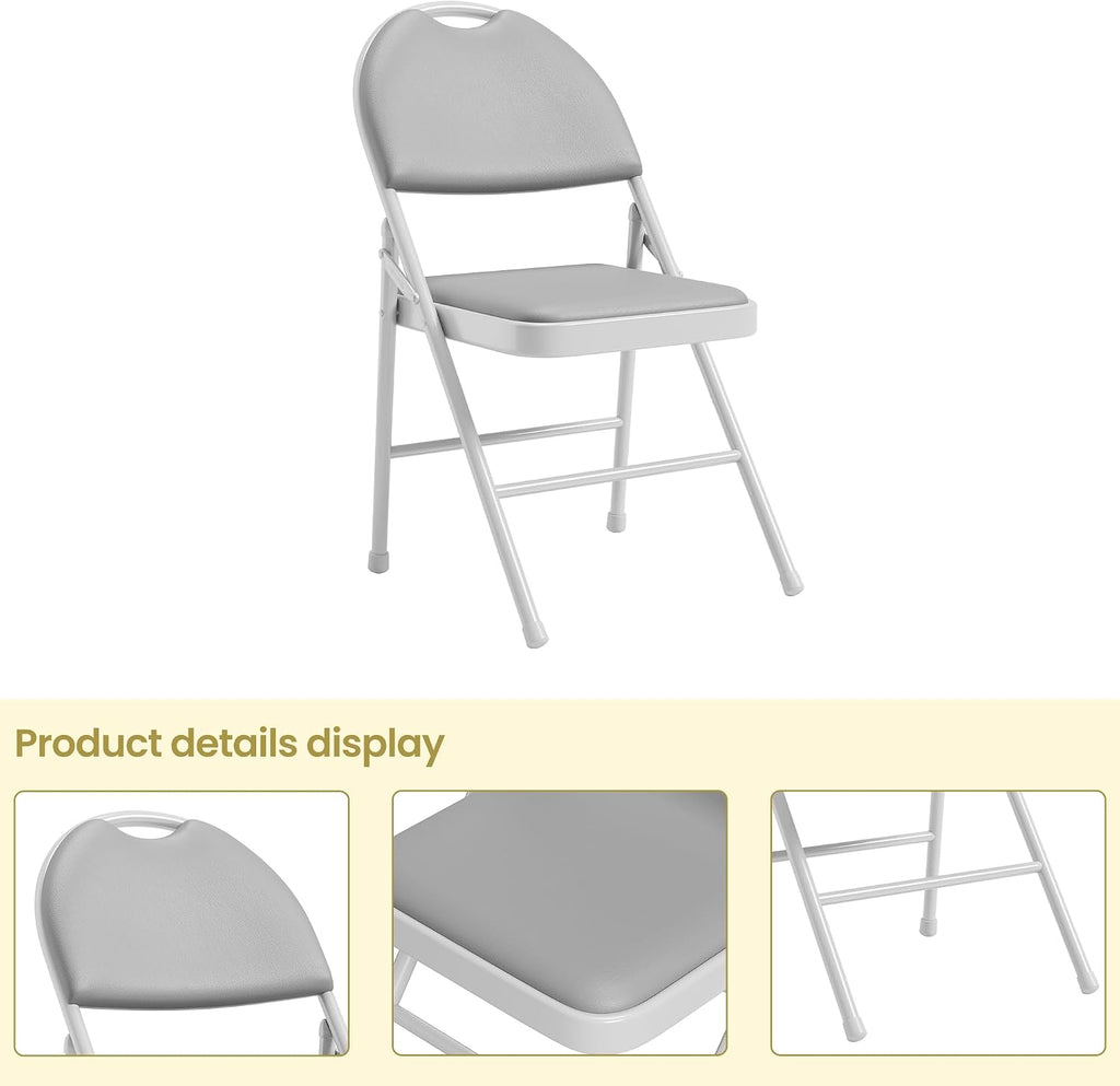 IDEALHOUSE 4 Pack Folding Chairs with PU Leather Padded Cushion, 350Lbs Capacity, Lightweight Ergonomic Design, Metal Frame, Indoor Outdoor Portable Stackable Seats for Home Office Party Events, Gray