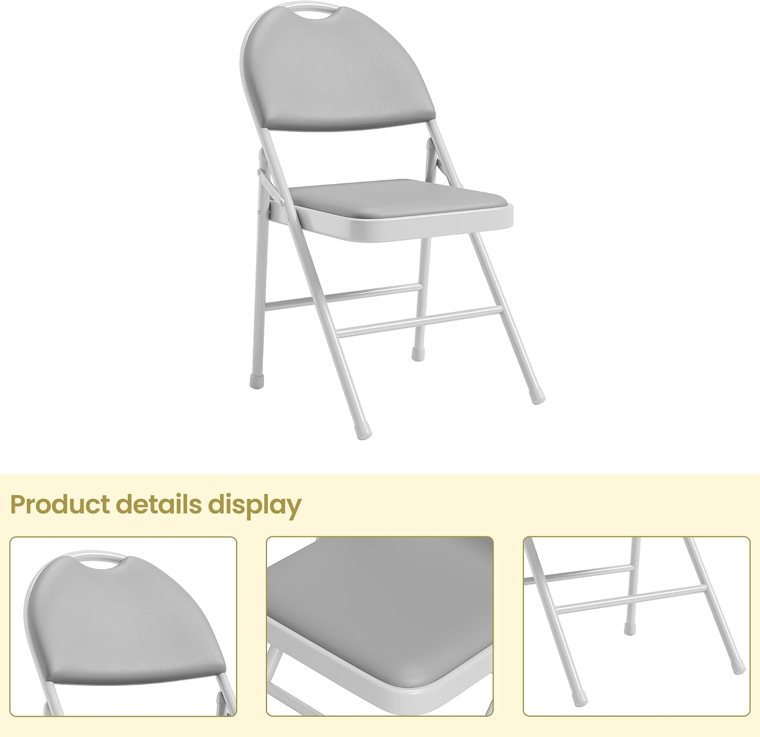 IDEALHOUSE 4 Pack Folding Chairs with PU Leather Padded Cushion, 350Lbs Capacity, Lightweight Ergonomic Design, Metal Frame, Indoor Outdoor Portable Stackable Seats for Home Office Party Events, Gray