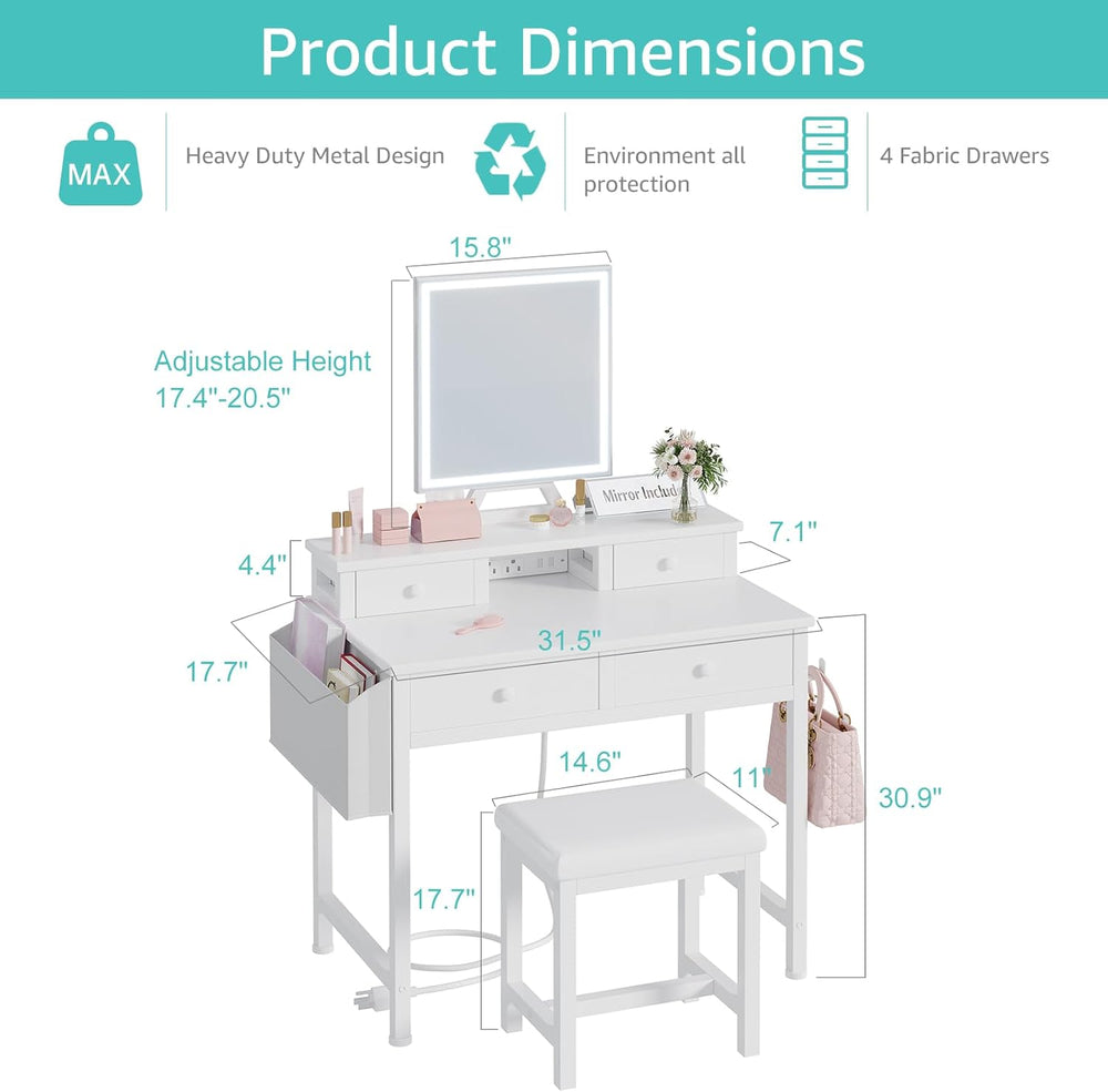 White Makeup Vanity Desk with Mirror and Lights, Vanity Set with Chair, Make ...