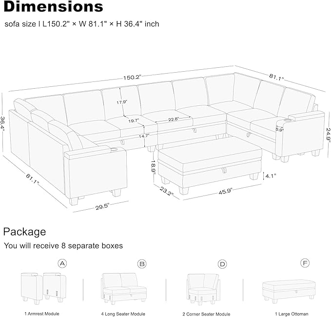 Belffin Oversized U Shaped Modular Sectional Couches for Living Room 10 Seater Modular Sofa Set with Storage Ottoman Large Sectional Couch with Cup Holder. Dark Grey Sofa