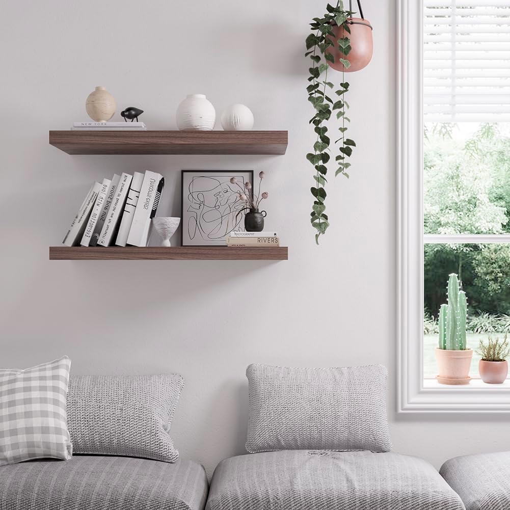 Floating Shelf, Set of 3 Wall Shelves, 36 in W x 12.75 in D x 2 in H Wooden Floating Wall Shelf with Invisible Brackets for Living Room/Bedroom/Bathroom/Kitchen Storage and Decor, Walnut