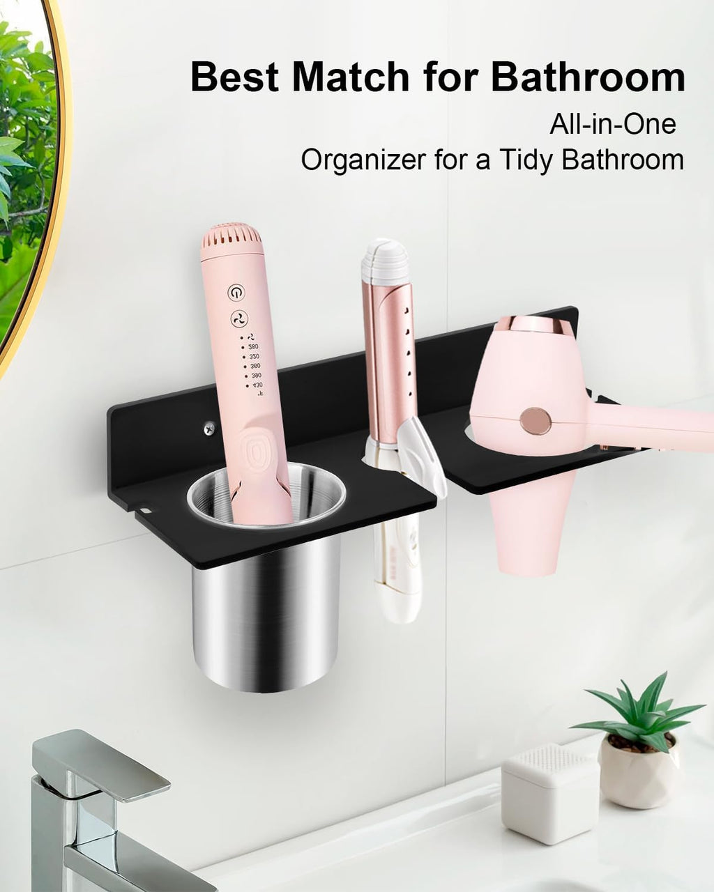 Hair Tool Organizer, Hair Dryer Holder with Heatproof Steel Cups, Acrylic Vanity Organizer for Curling Iron, Flat Iron & Hair Brushes, Perfect for Bathroom (Black, Compact)