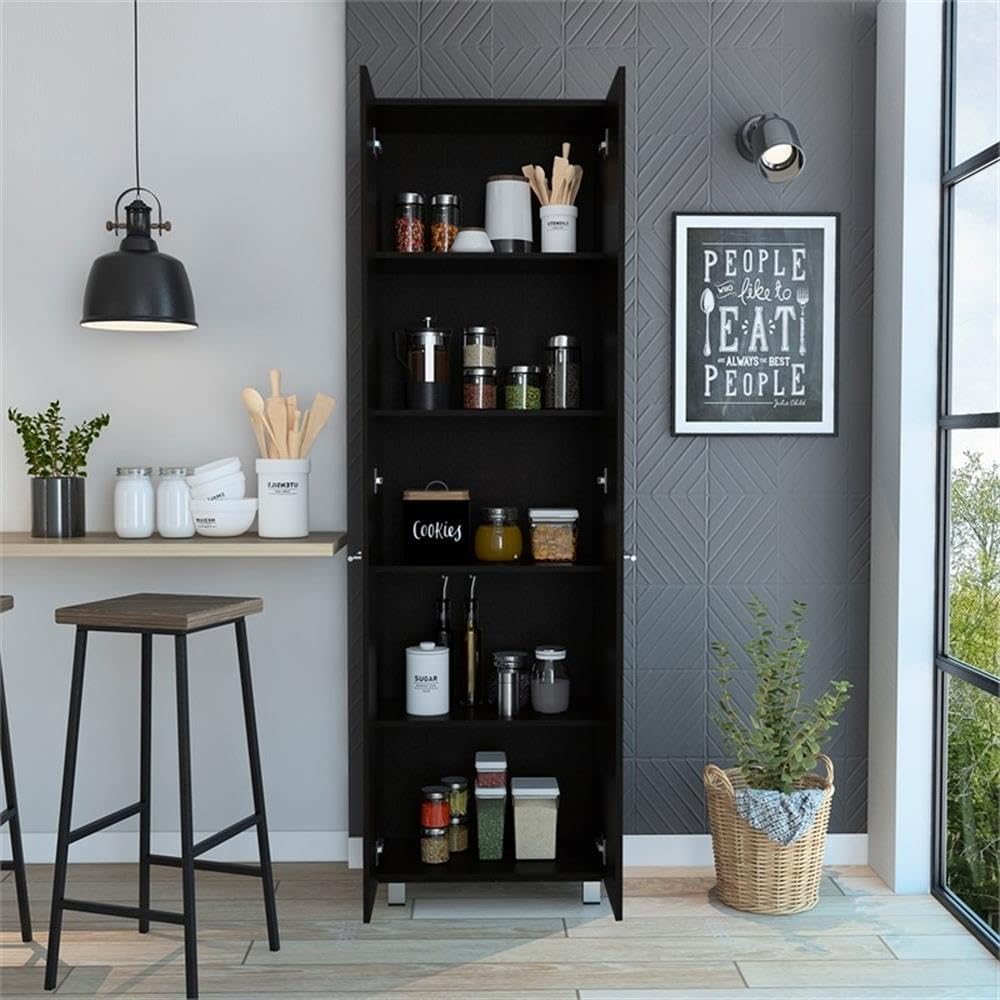 Pemberly Row 79" H Engineered Wood Double Door Pantry Cabinet, Black Fin...