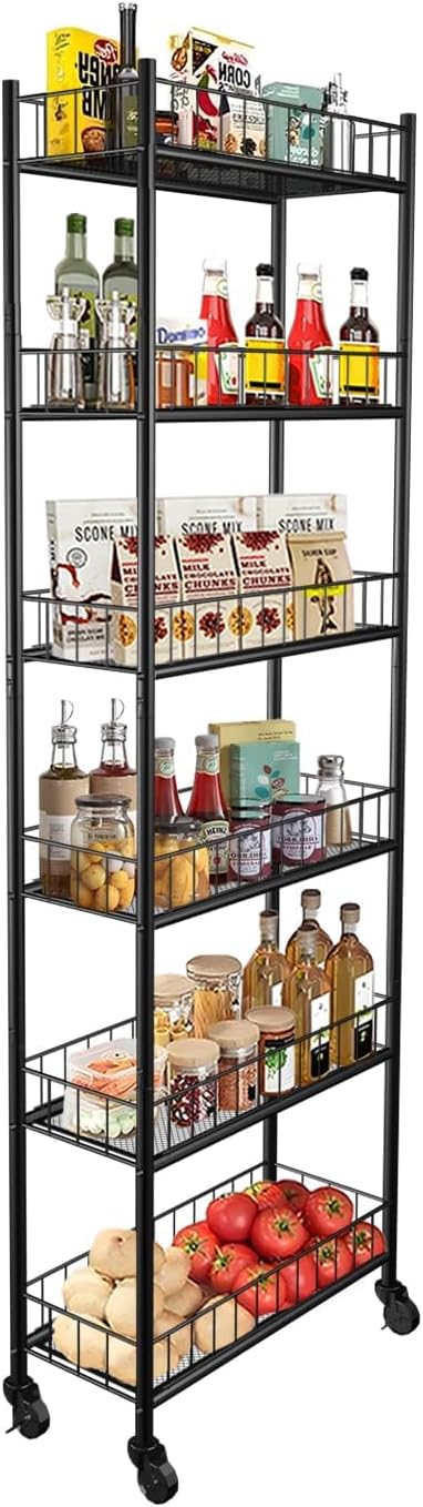 Utility Slim Storage Cart 6 Tier Narrow Metal Frame Carts | 6 Tier Narrow Kit...