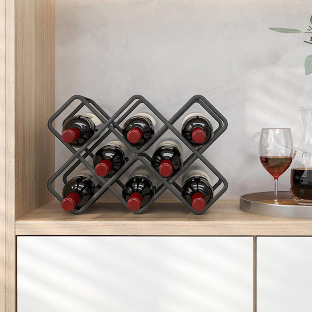 Metal Wine Rack – Matte Black Carbon Steel, 10-Bottle Countertop & Hangab...