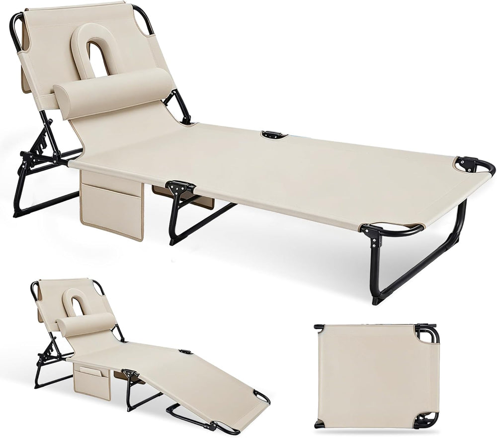 3-in-1 Sun Tanning Chair with Face Holes, Folding Chaise Lounge Chairs, 5-Pos...