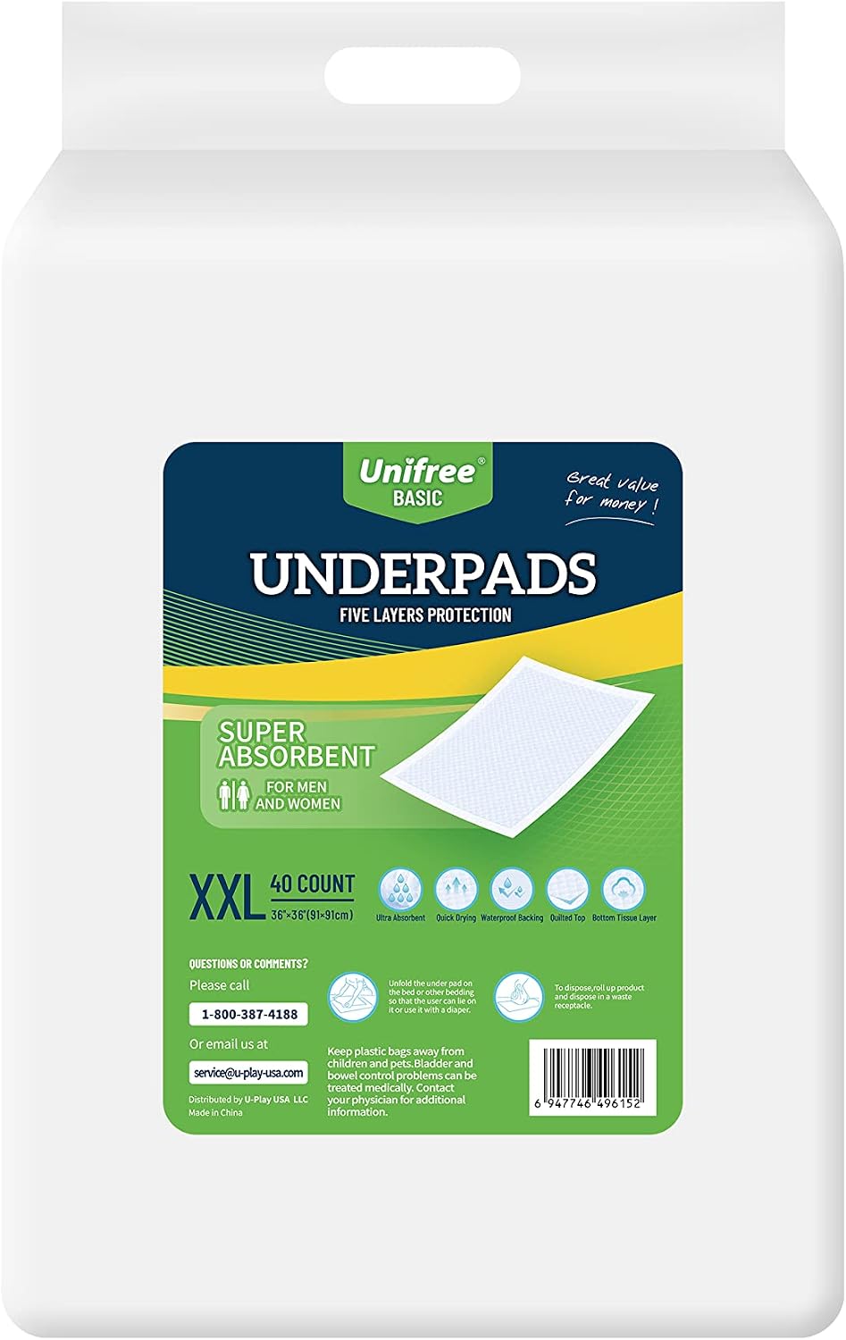 Unifree Disposable Underpads, Bed Pads, Incontinence Pad, Super Absorbent, 40...