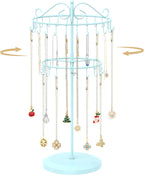 MODOWEY Rotating Necklace Holder Organizer Display Stand with 42 Hooks, 2 Tier Adjustable Metal Tree for Long Necklace Hanger Selling, Tall Spinning Bracelet Storage Rack for Men Women, Blue