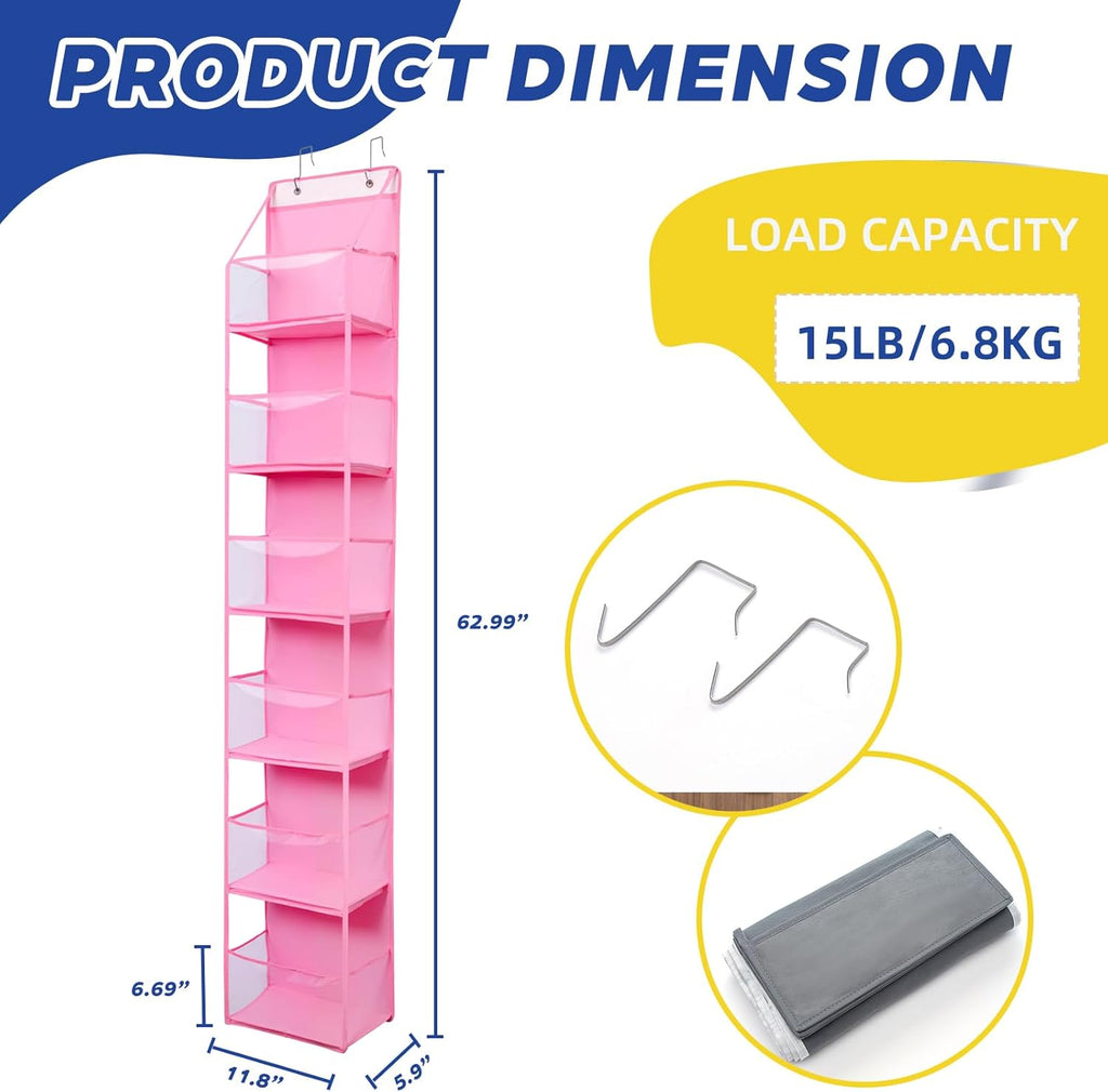 2 Packs Over The Door Organizer - 6-Shelf Hanging Storage Organizer with Clear Plastic Pockets - Large Capacity Pantry Storage Shelf for Bathroom, Bedroom, Nursery (Pink)