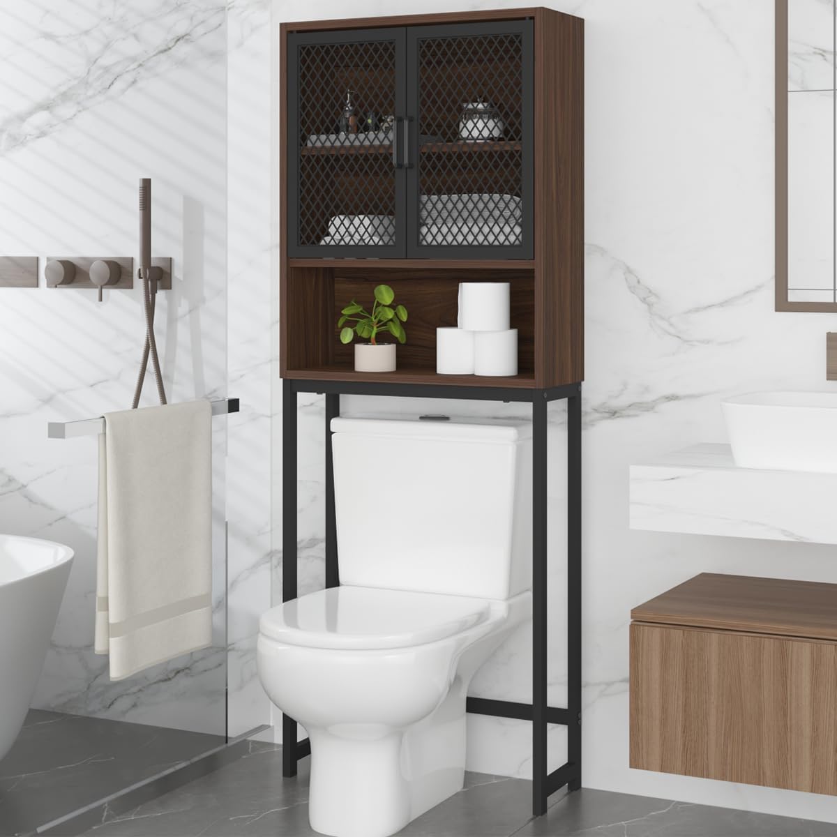 Launica Over The Toilet Storage Cabinet, Bathroom Organizer Over Toilet, Wood Metal Industrial Bathrooms Space Saver Shelf, Freestanding Bathrooms Cabinet Above Toilet wtih Rack, Walnut
