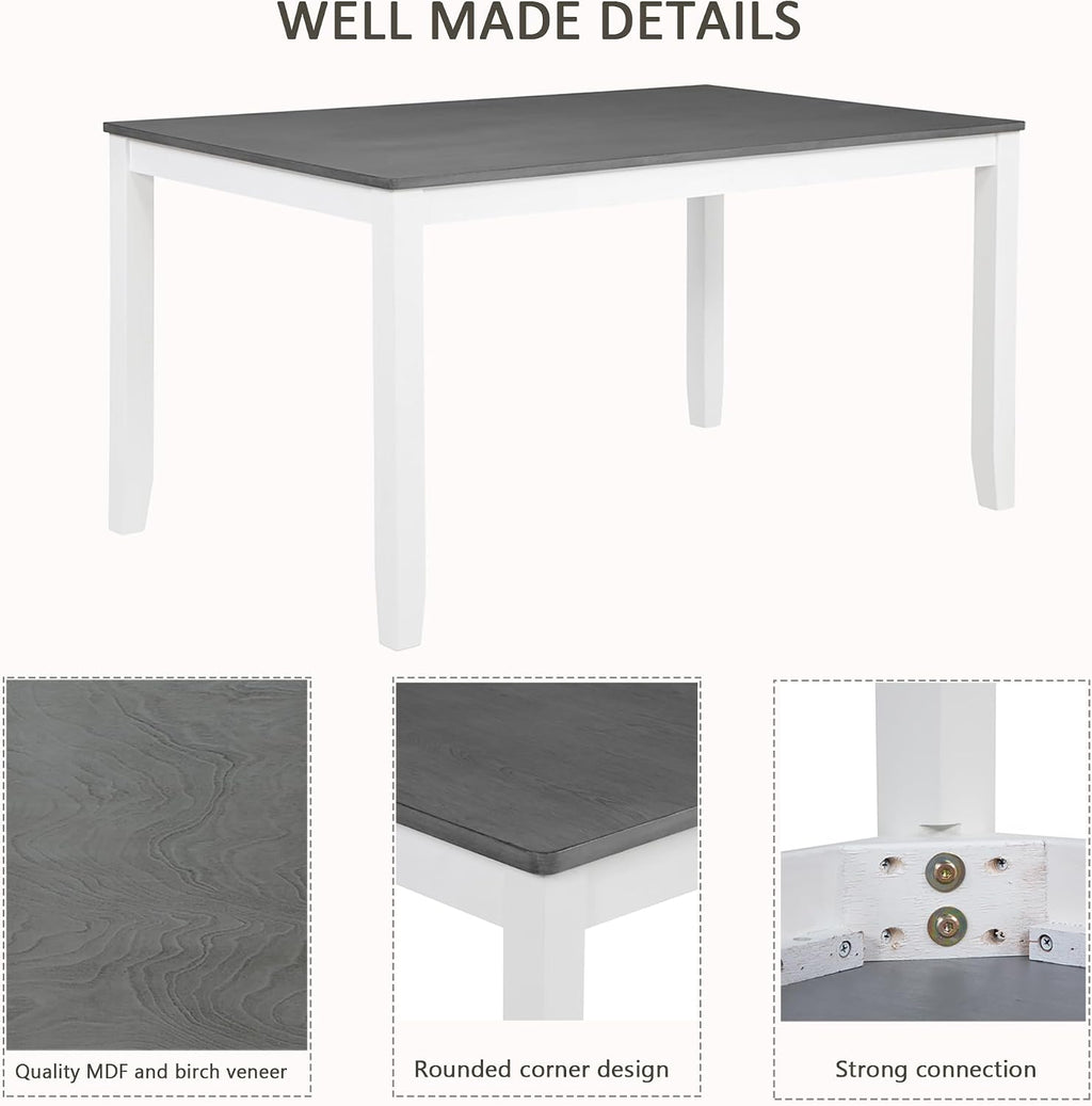 Harper & Bright Designs 58.5" Lx34.5 W Solid Wood 7-Piece Dining Table Set for 6, Grey White Two-Tone Kitchen Dining Room Set with 6 Upholstered Chairs, Rubber Wood Frame, 330LBS Capacity