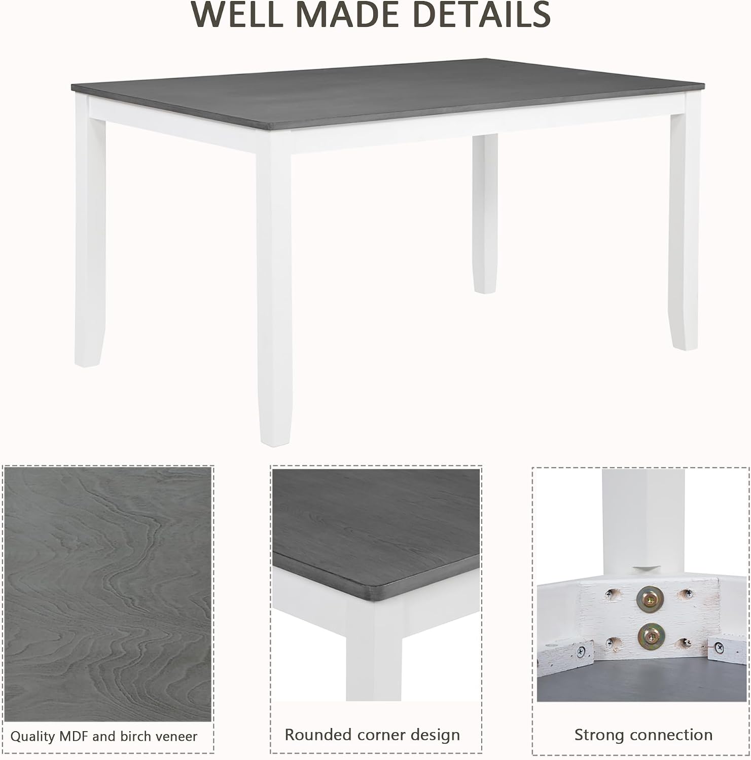 Harper & Bright Designs 58.5" Lx34.5 W Solid Wood 7-Piece Dining Table Set for 6, Grey White Two-Tone Kitchen Dining Room Set with 6 Upholstered Chairs, Rubber Wood Frame, 330LBS Capacity
