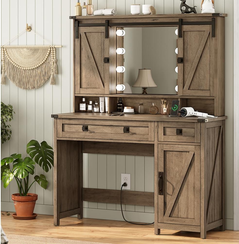 AOGLLATI Makeup Vanity with Lights & Barn Doors, Vanity Desk with Mirror ...