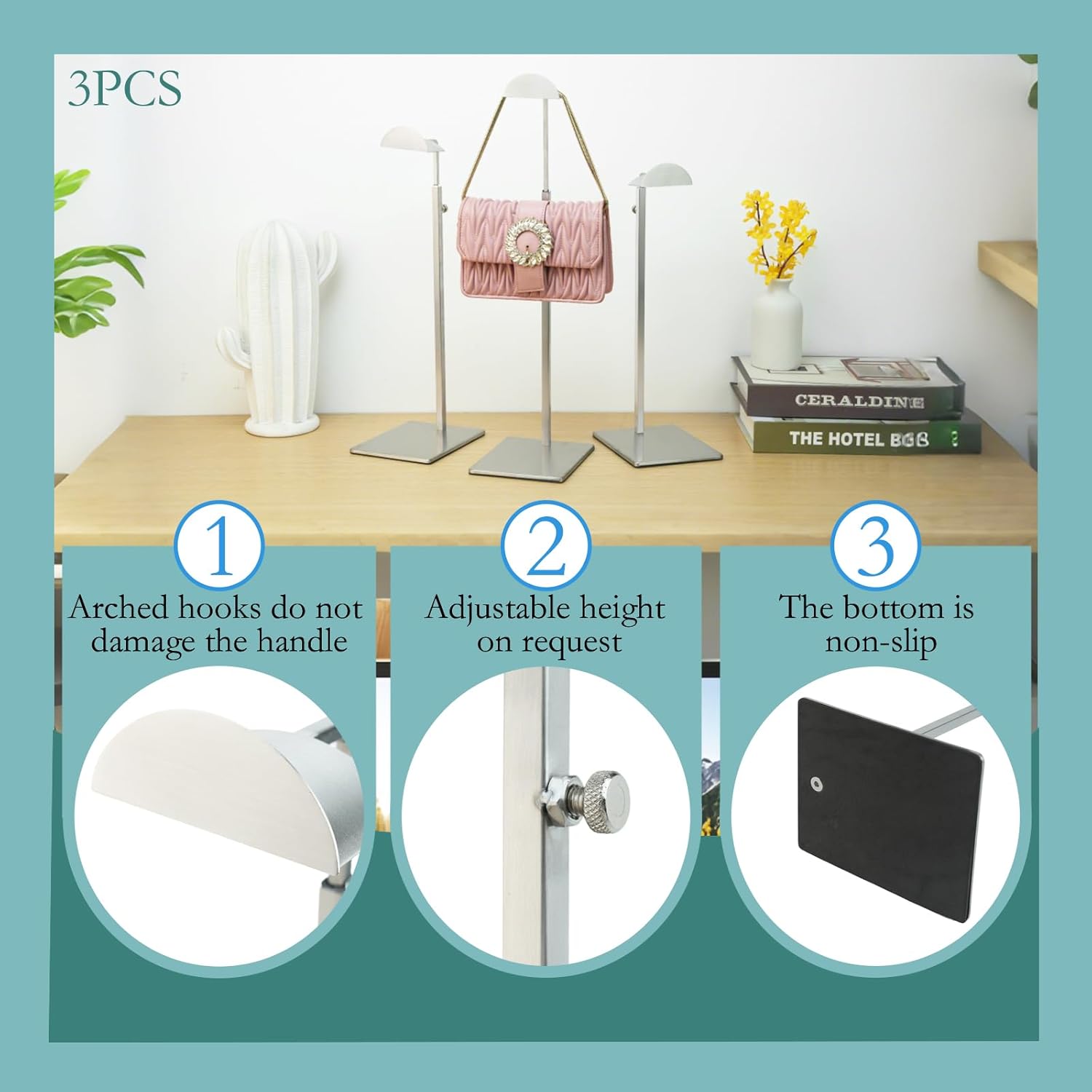 Purse Display Stand 3PCS More Thickened Base Handbag Rack for Bag Organizer Stainless Steel Adjustable Height Home Store Boutique Counter Vendors