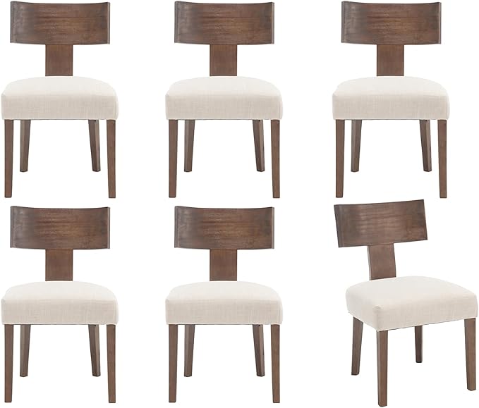 chairus Dining Chairs Set of 6, Upholstered Farmhouse Kitchen Chairs with Dark Brown T-Shape Wood Back Armless Dining Room Chairs with Soft Wide Seat, Linen Beige