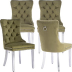 Mid Century Modern Dining Chairs Set of 4, Olive Velvet Upholstered Tufted Back, Kitchen & Dining Room Chairs, Brushed Silver Metal Legs, Nailhead Trim, Sillas para Comedor (Olive, 4 Pcs)