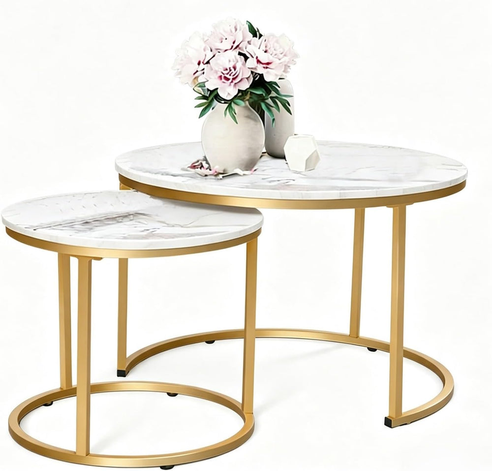 Round Nesting Coffee Table Set of 2, Marble Top Metal Frame | Space-Saving De...