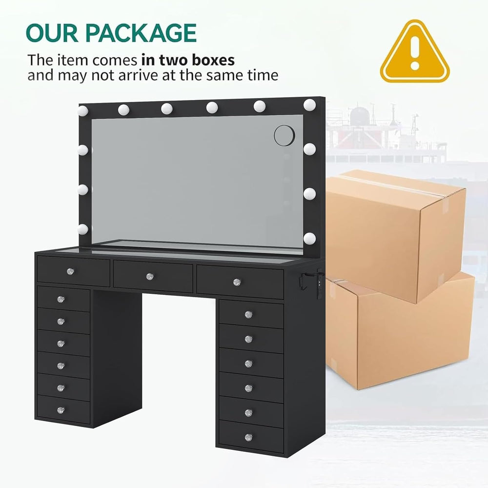 FUSOU 15 Drawers Vanity Desk with Mirror and Lights, Black | 47'' Mak...