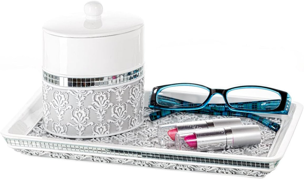 Creative Scents Mirror Damask Qtip Holder - Decorative Qtip Holder Canister Jar, Durable Cotton Swab Ball Holder/Container - Bathroom Vanity Accessories (Gray & White)