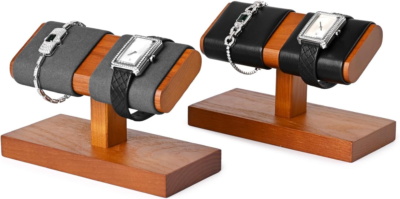 Oirlv Solid Wood Double Watch Display Stand Watch Bracelet Organizer（Grey）
