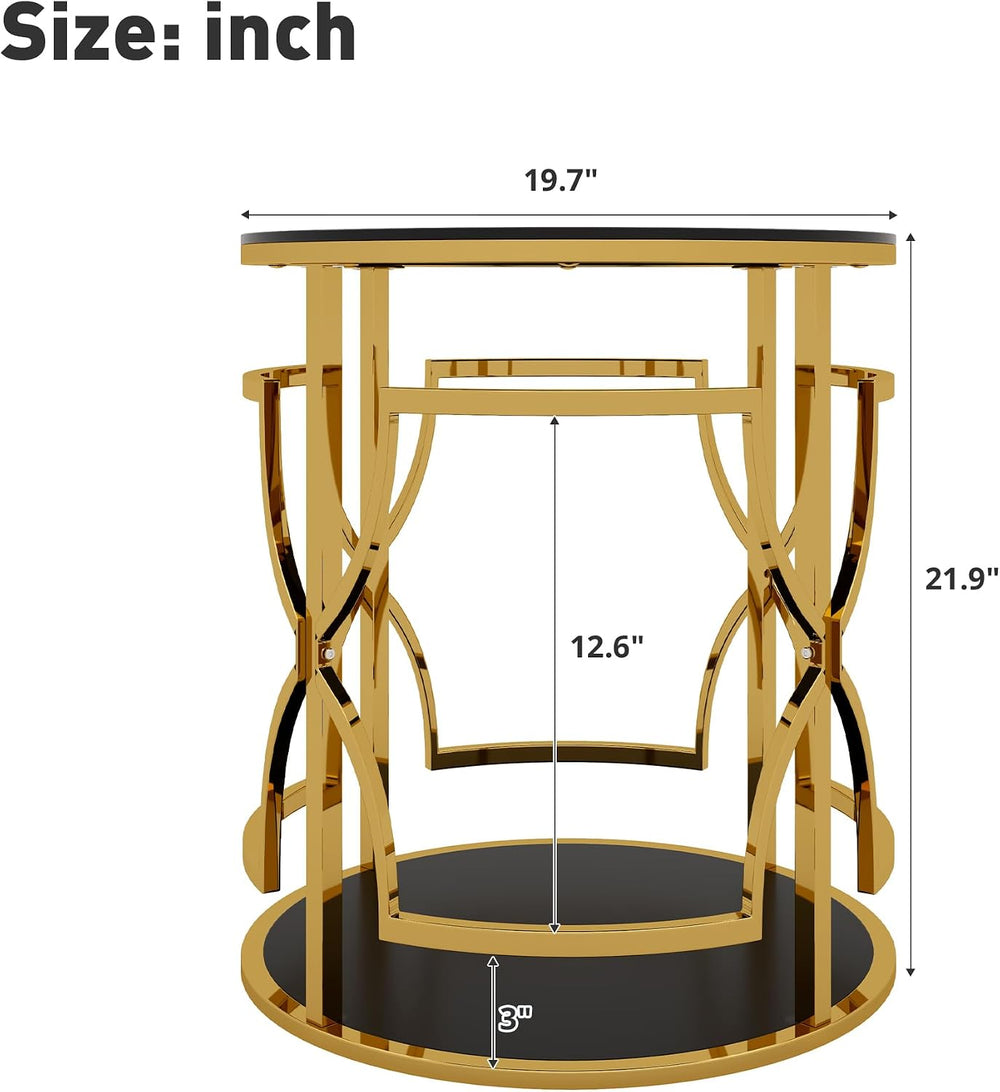 Merax 19.7" Round Gold Metal Side Table with Tempered Glass Top & 2-...