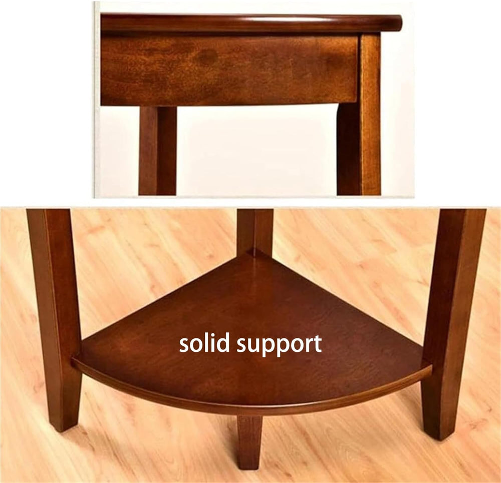 Solid Wood Corner Wedge Table, Triangle Corner Side Table with 2 Shelves, Spa...
