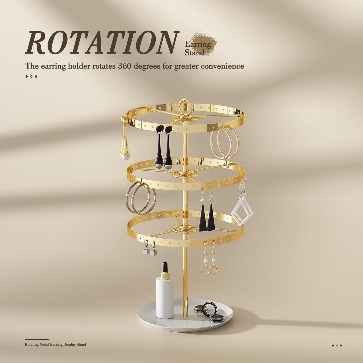 3 Tiers Earring Holder Organizer, Metal Rotating Earring Stand Adjustable Display Tree, 126 Holes Carousel Rack for Stud Hoop Pierced Dangling Women, Perfect View for All Earrings (Gold)