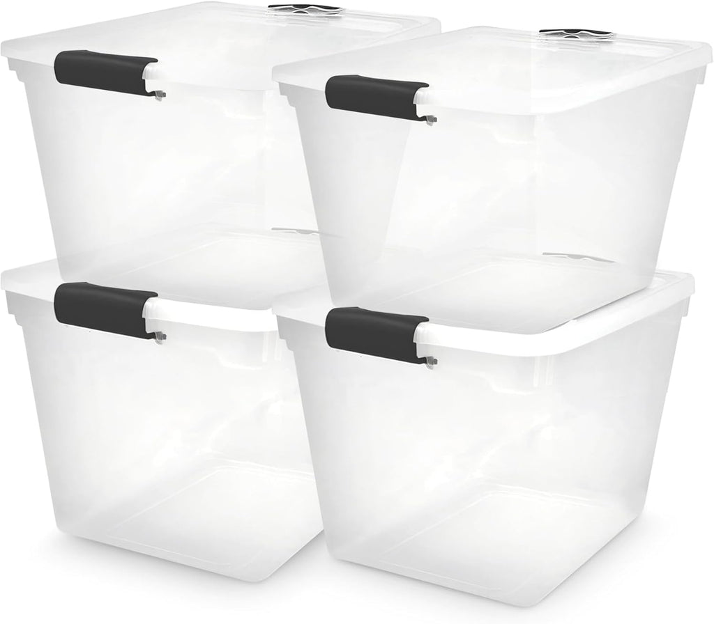 HOMZ 4-Pack Latching Lid, Large Clear Plastic Storage Bins with Lids, 31 Quart, Gray Latch - Stackable Container Boxes for Home, Bathroom, and Office Organization