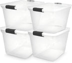 HOMZ 4-Pack Latching Lid, Large Clear Plastic Storage Bins with Lids, 31 Quart, Gray Latch - Stackable Container Boxes for Home, Bathroom, and Office Organization
