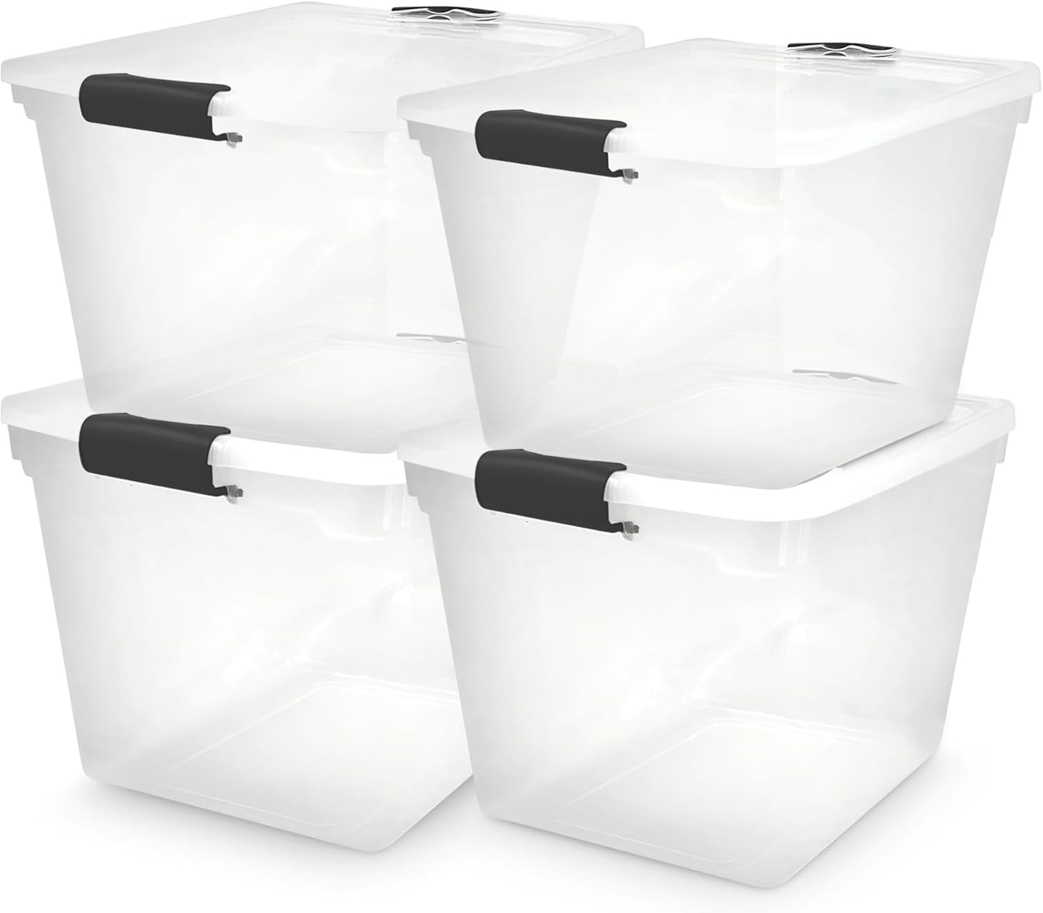 HOMZ 4-Pack Latching Lid, Large Clear Plastic Storage Bins with Lids, 31 Quart, Gray Latch - Stackable Container Boxes for Home, Bathroom, and Office Organization