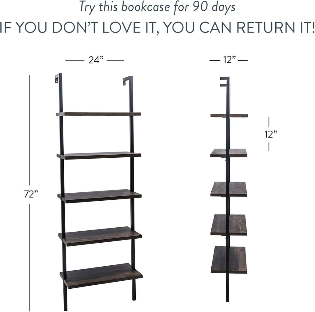 Nathan James Theo 5-Shelf Wood Modern Bookcase, Open Wall Mount Ladder Bookshelf with Industrial Metal Frame, Dark Walnut Brown/Black, Set of 4