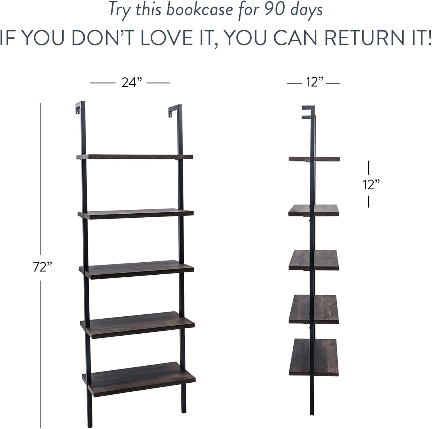 Nathan James Theo 5-Shelf Wood Modern Bookcase, Open Wall Mount Ladder Bookshelf with Industrial Metal Frame, Dark Walnut Brown/Black, Set of 4