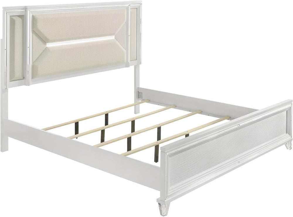 HomeStock Panel Bed with LED Headboard, 64 Inch, White Upholstery - Modern Be...
