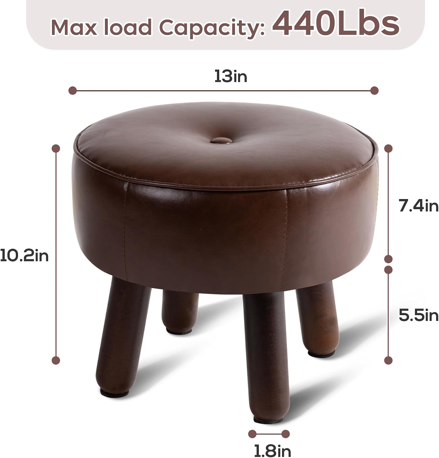 Small 13" Foot Stool Ottoman, Round Pouf Foot Rest, Faux Leather Footstool | Small Foot Stool with Rubber Legs Under Desk, Footrest for Couch, Living Room Bedroom Office, 13''L x 13''W x 10.2''H, Coffee